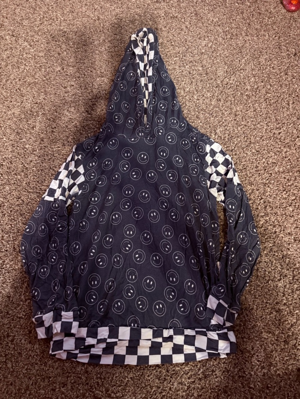 Black Smiley Face Hoodie with Checkerboard Trim BAMBOO